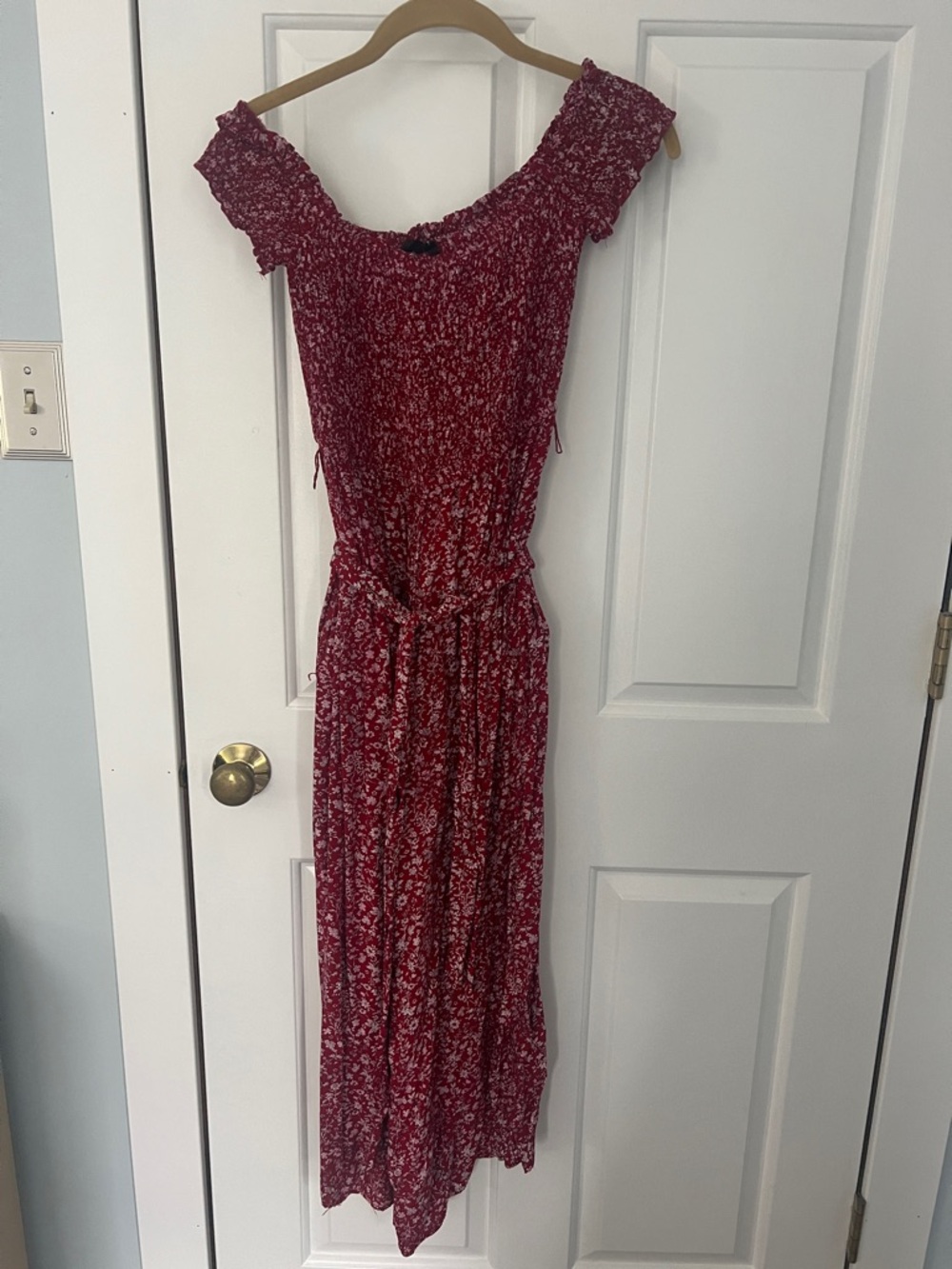 Lulu  Red Floral Off-Shoulder romper with belt